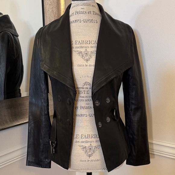 Danier Black Double-Breasted Leather Jacket - Picture 1 of 10